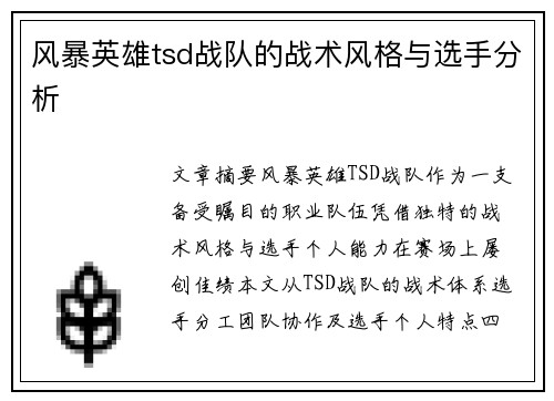风暴英雄tsd战队的战术风格与选手分析